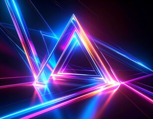 Abstract neon light triangles and geometric lines glowing in vibrant colors on a dark background.