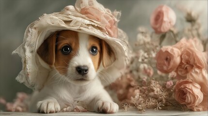 a sweet jack russell terrier puppy peeks out from under a delicate lace bonnet amidst a soft bloom of peach roses.