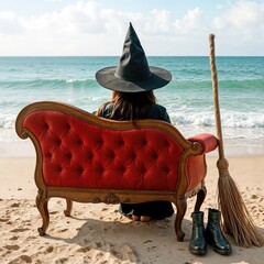 A witch in a wide-brimmed hat sits on a red velvet sofa facing the ocean waves, with a broom and a pair of boots lying on the sand beside her 