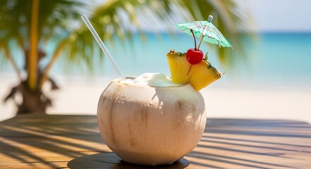 Refreshing Coconut Drink on Tropical Beach.