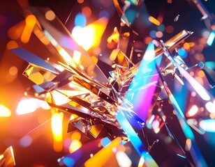 Abstract explosion of sharp, crystalline shards reflecting vibrant orange, blue, and purple light with bokeh effects.