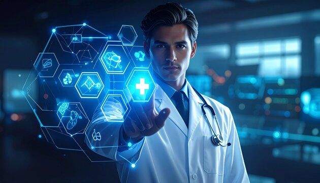 Doctor using futuristic medical technology interface - Powered by Adobe