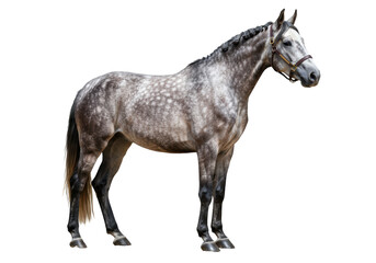 Isolated gray dappled horse with bridle standing calmly in profile view indoors, equine animal