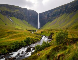 Majestic waterfall cascading down rugged mountains