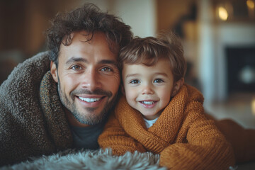 Father and son smile on couch.