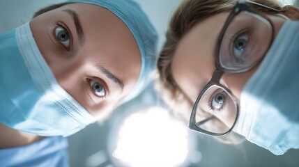 a low-angle close-up shows the focused eyes of two female surgeons wearing surgical masks and caps in an operating room setting.