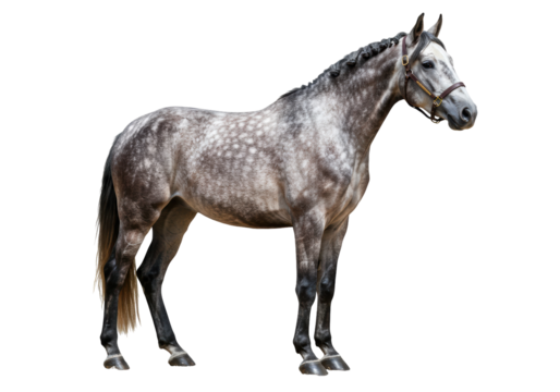Isolated gray dappled horse with bridle standing calmly in profile view indoors, equine animal