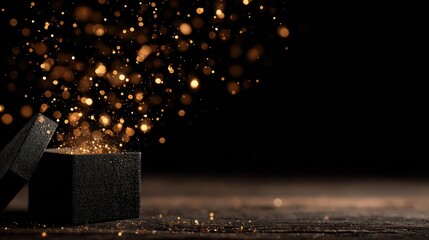 Sparkling golden particles emerge from a small black box in a dark setting