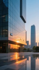 Modern glass skyscraper reflecting golden sunset light on a wet plaza with urban skyline in the background