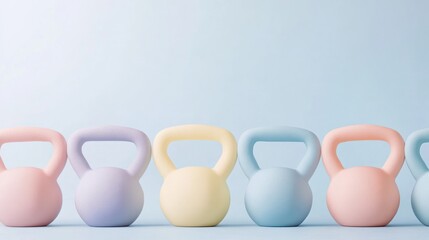 Colorful kettlebells arranged in a row on a light blue background for fitness training