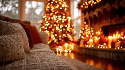 Cozy living room with decorated Christmas tree and warm fireplace glow during holiday season