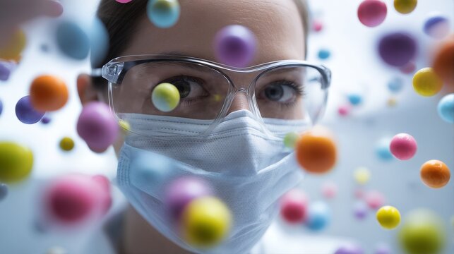 a healthcare worker wearing protective eyewear and a mask looks out amidst a swirling array of colorful, spherical molecules representing viruses or pathogens. - Powered by Adobe