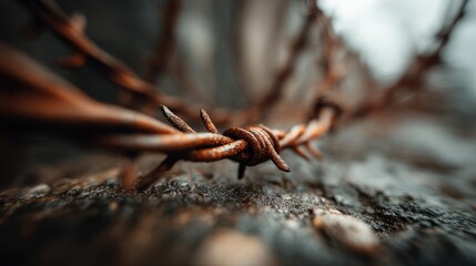 Rusty barbed wire close up in a blurred outdoor setting during overcast weather