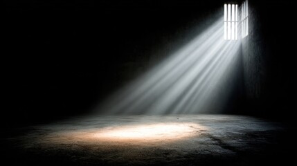Light streams into a dark room through a barred window at midday
