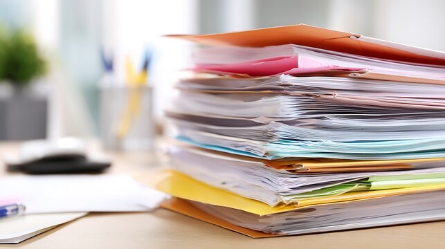 Pile of paper files on desk in office, paperwork and bureaucracy concept
