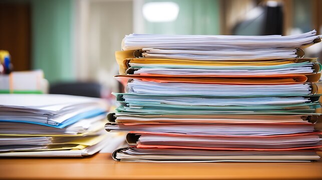 Stack of colorful paper files on desk in office, paperwork concept