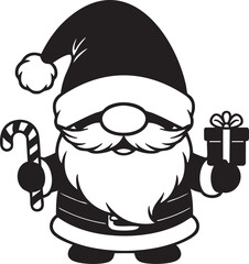 Cute Christmas Gnome Silhouette Holding Candy Cane and Gift Vector