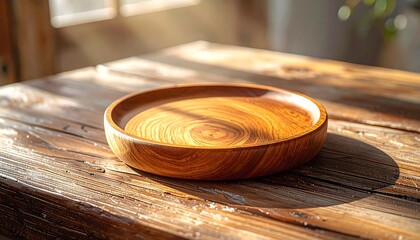 Obraz premium A round wooden bowl rests on a textured wooden table, bathed in warm sunlight streaming from a nearby window.