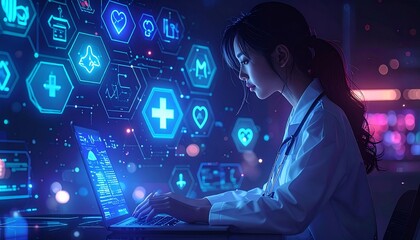 Female doctor engaging with futuristic holographic medical interface, symbolizing advanced healthcare technology and innovative digital health solutions for modern medicine