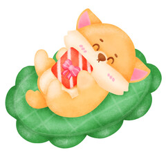 A corgi dog is laying on a green leaf with a red bow on its mouth. The cat is holding a present in its mouth