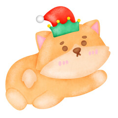A corgi dogwearing a red hat and green crown. The cat is laying down and he is in a relaxed mood