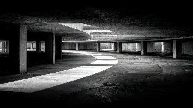 Dramatic Light and Shadow in an Empty, Curved Concrete Parking Garage - Powered by Adobe