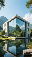 Modern glass building with reflective facade surrounded by mountains and a calm lake