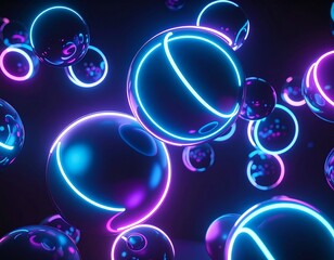 Abstract image of glowing neon spheres floating in a dark void, illuminated with vibrant blue and purple light trails.