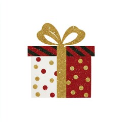 *A Christmas gift box* in a cartoon flat style on a white background, random shape of box, various of gold glitter with red colors --no shadow --ar 1:1 --v 7.0 --p 8qw2wt9
