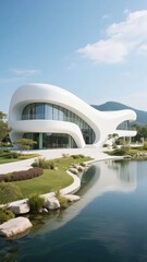 Modern white curved architectural building with large glass windows, surrounded by landscaped gardens and a reflective water feature under a clear blue sky.