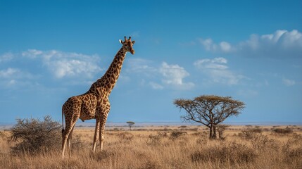 Obraz premium a majestic giraffe stands tall against a vibrant blue sky in the vast african savanna.