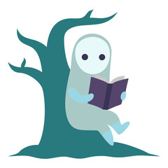 Vector art illustration of a ghost attentively reading a book