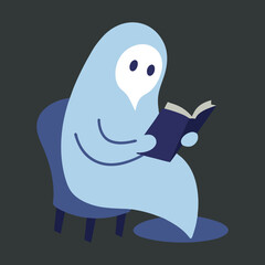 Vector art illustration of a ghost attentively reading a book