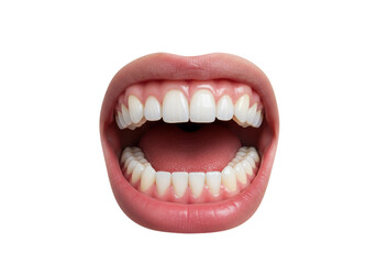 Isolated macro shot of open human mouth with healthy white teeth, pink lips close-up view