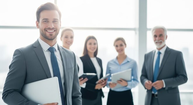 Successful business team standing in office and looking at the camera smiling