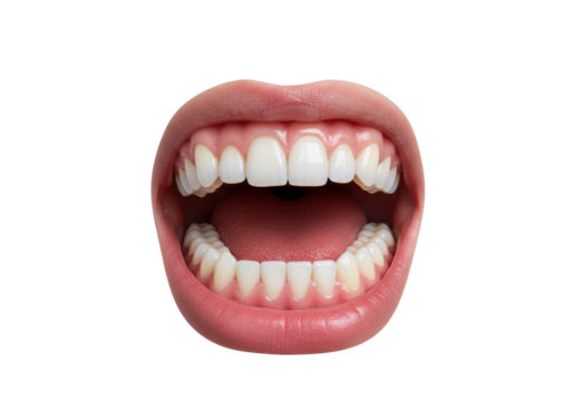 Isolated macro shot of open human mouth with healthy white teeth, pink lips close-up view