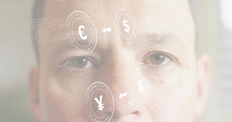 Finance expert blinking and engaging holographic currency interface visualizing exchange flows - Powered by Adobe