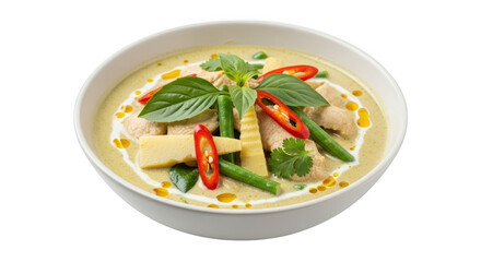 Thai green curry with chicken, bamboo shoots, green beans, and chili peppers, garnished with basil leaves, isolated on transparent background