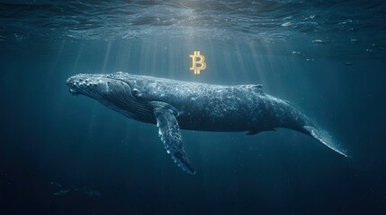 Obraz premium Whale swimming in deep ocean water with glowing bitcoin sign above symbolizing digital currency power
