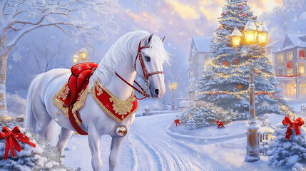 Majestic white horse adorned in red and gold harness stands on snow-covered street, surrounded by festive decorations and a beautifully lit Christmas tree in winter wonderland