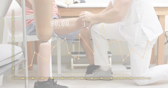 Timestamps updating therapist placing strap on prosthetic limb guiding flexion with chart in rehab