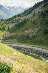 Unterwegs in den Alpen – rotes Auto auf Bergstraße