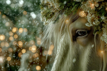 Majestic white horse adorned with floral crown gazes into the distance, surrounded by soft bokeh lights and gentle snowfall, creating a serene and enchanting atmosphere