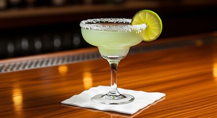 Refreshing lime margarita cocktail on bar.