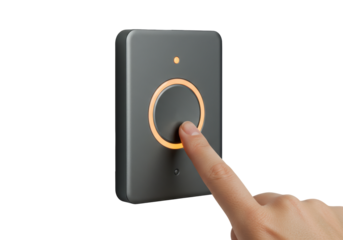 Isolated wireless smart home control panel with finger touching button, technology concept