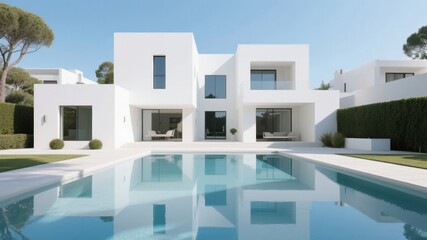 Modern white villa with minimalist architecture and a large swimming pool reflecting the clear sky