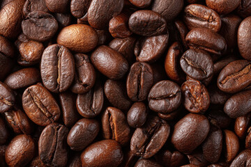 Naklejka premium Roasted coffee beans close up rich brown colors texture background