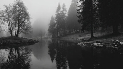 Misty landscape featuring serene lake surrounded by tall trees and soft fog enveloping the area creating a tranquil and ethereal atmosphere in monochrome tones.