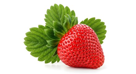 Freshly picked, ripe red strawberry with vibrant green foliage, beautifully isolated on a bright white background, ideal for food, health, and dessert concepts