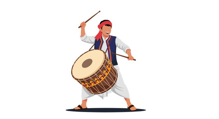 Man playing Dhol drum during festival celebration.